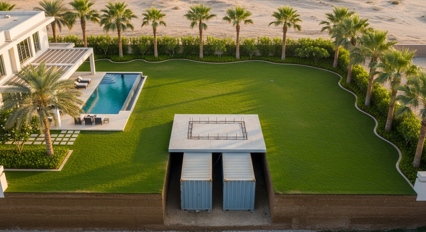 Aerial view of containers buried under villa backyard